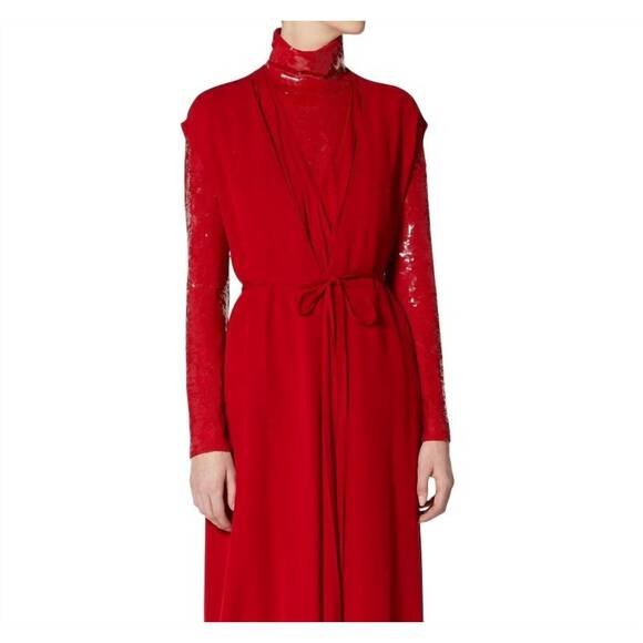NEW VALENTINO embroidered stretch tulle top in red